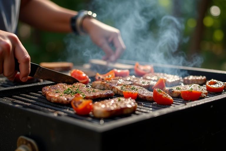 En person som använder en stor, specialbyggd grill med mat på gallret.