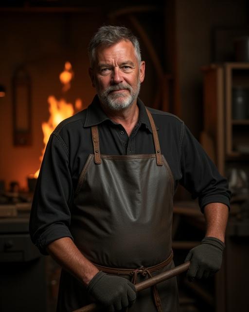Porträtt av grundaren, en smed med skyddsförkläde som står i sin verkstad.